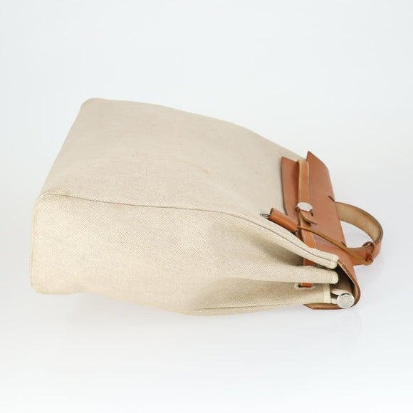 HERMES Herbag Hand Bag Coated Canvas Beige Silver Auth bs32455