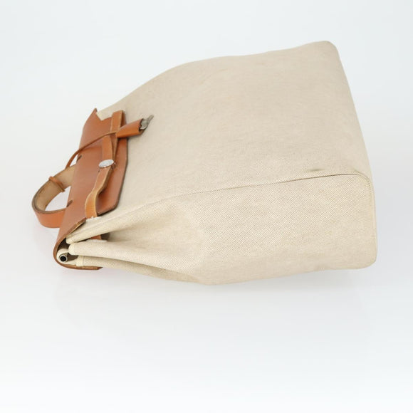 HERMES Herbag Hand Bag Coated Canvas Beige Silver Auth bs32455