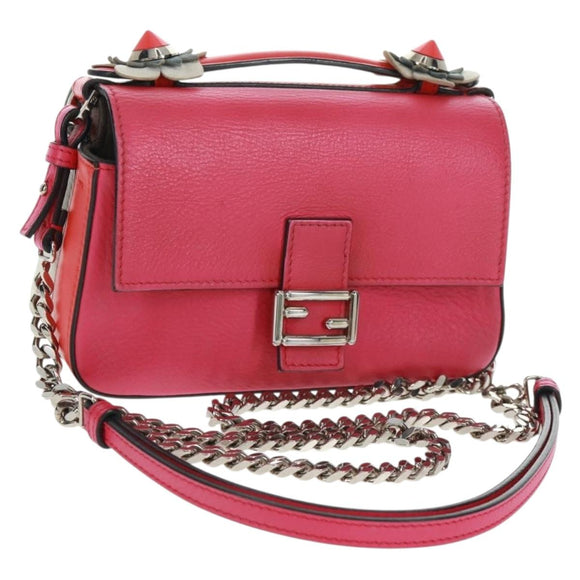 FENDI Chain Double Micro Baguette Shoulder Bag Leather Pink Silver Auth bs32459V