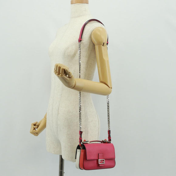 FENDI Chain Double Micro Baguette Shoulder Bag Leather Pink Silver Auth bs32459V