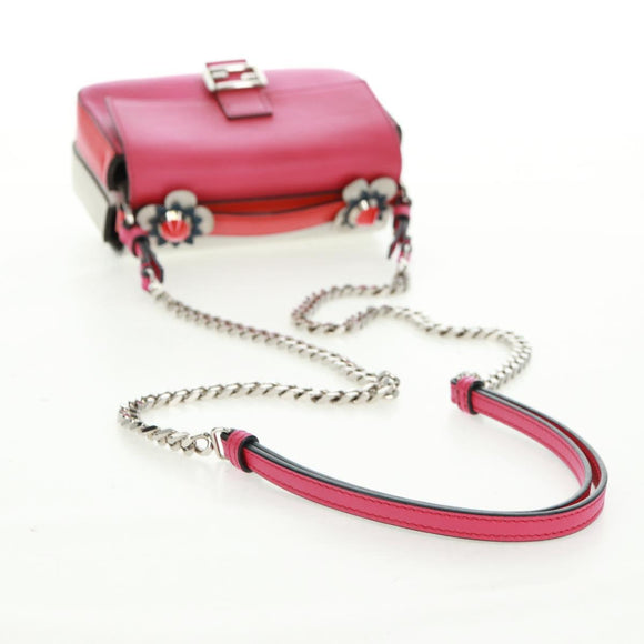 FENDI Chain Double Micro Baguette Shoulder Bag Leather Pink Silver Auth bs32459V