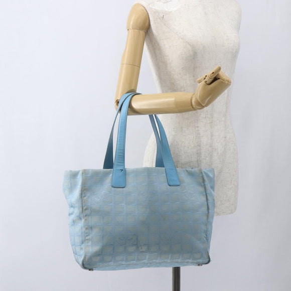 CHANEL New Travel Line Tote Bag Nylon Blue Silver CC Auth bs32461