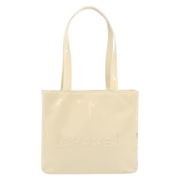 CHANEL Tote Bag Patent leather Beige Gold CC Auth bs32462