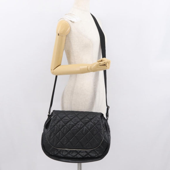 CHANEL Matelasse Schoudertas Nylon Zwart Zilver CC Auth bs32463