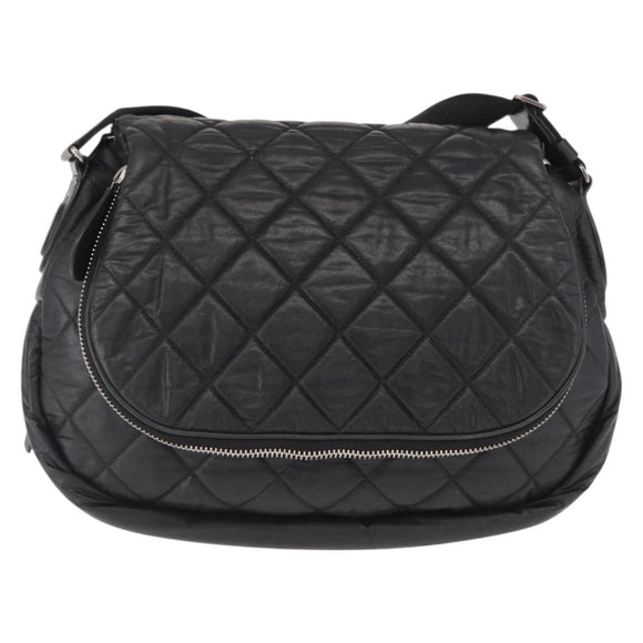 CHANEL Matelasse Schoudertas Nylon Zwart Zilver CC Auth bs32463