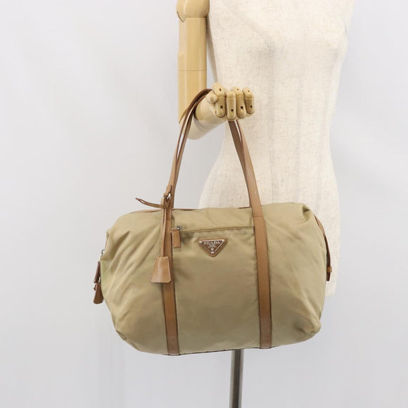PRADA Tote Bag Nylon Beige Silver Auth bs32506