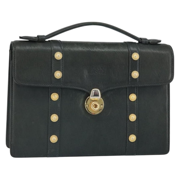 Gianni Versace Hand Bag Leather Khaki Gold Auth bs32514