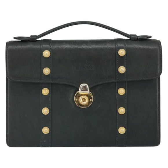 Gianni Versace Hand Bag Leather Khaki Gold Auth bs32514