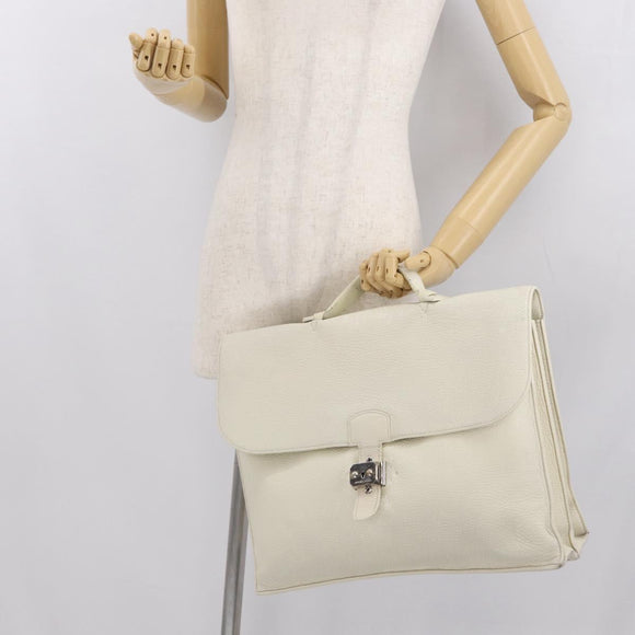 HERMES Sac Adepeche 41 Hand Bag Leather White Silver Auth bs32563