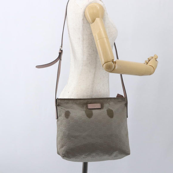 GUCCI GG Canvas Shoulder Bag Nylon Khaki Silver 314529 Auth bs32570