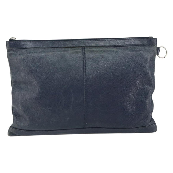 BALENCIAGA Classic Clip L Clutch Bag Leather Navy Silver 273023 Auth bs32576
