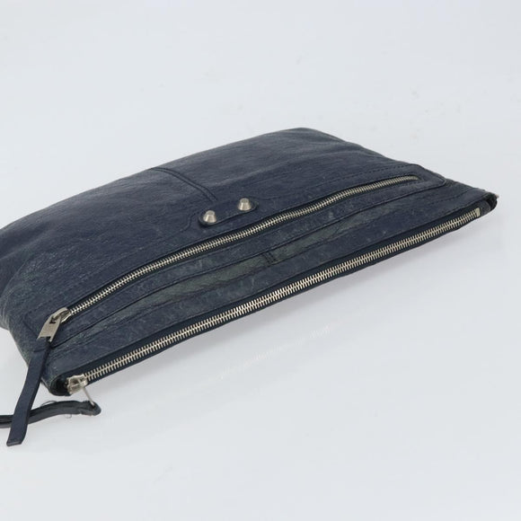 BALENCIAGA Classic Clip L Clutch Bag Leather Navy Silver 273023 Auth bs32576