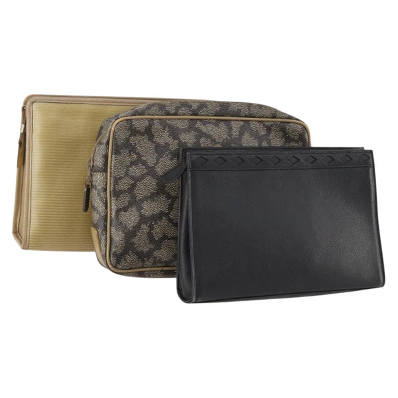 SAINT LAURENT Clutch Bag PVC Leather Coated Canvas 3 Set Beige Auth bs32596