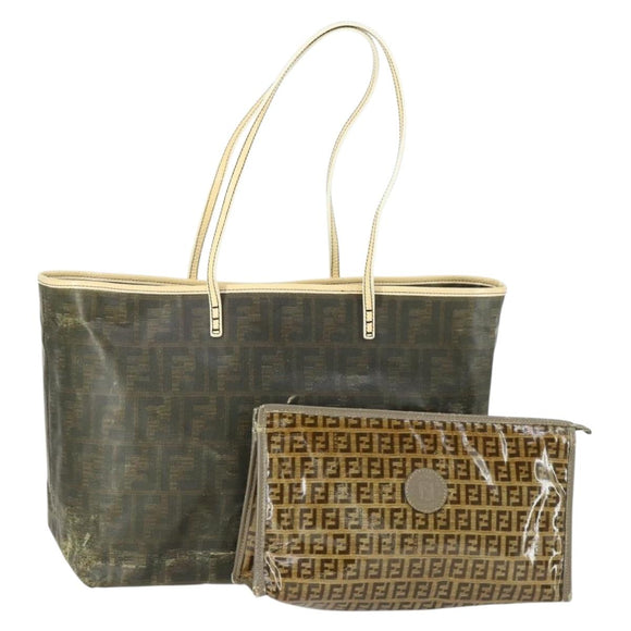 FENDI Zucca Canvas Zucchino Canvas Hand Bag PVC 2 Set Black Brown Auth bs32597