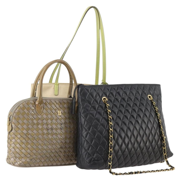 BALLY Chain Shoulder Bag Canvas Leather 3 Set Beige Black Auth bs32600
