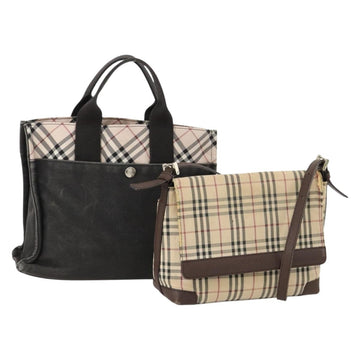 BURBERRY Nova Check Blue Label Hand Bag Nylon 2 Set Beige Auth bs32603