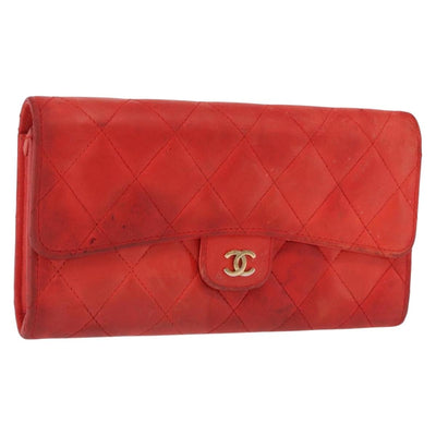 CHANEL Matelasse Long Wallet Lamb Skin Red CC Auth bs32679