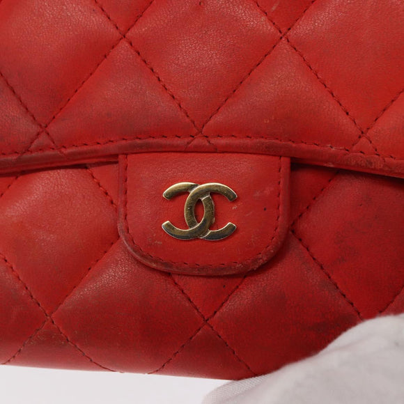CHANEL Matelasse Long Wallet Lamb Skin Red CC Auth bs32679