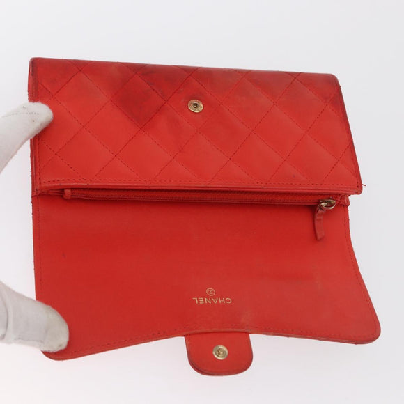 CHANEL Matelasse Long Wallet Lamb Skin Red CC Auth bs32679