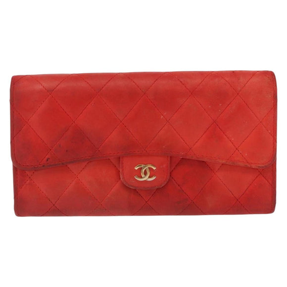 CHANEL Matelasse Long Wallet Lamb Skin Red CC Auth bs32679