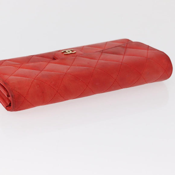 CHANEL Matelasse Long Wallet Lamb Skin Red CC Auth bs32679