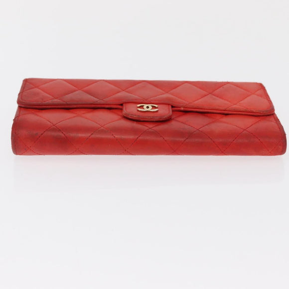 CHANEL Matelasse Long Wallet Lamb Skin Red CC Auth bs32679