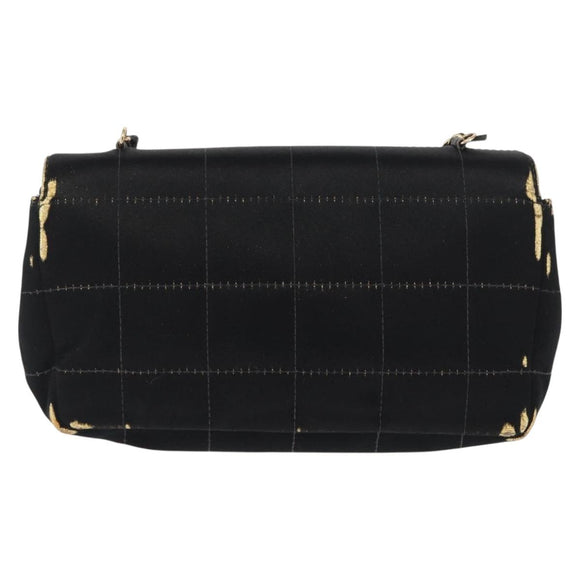 CHANEL Choco Bar Chain Shoulder Bag Satin Black Gold CC Auth bs32680