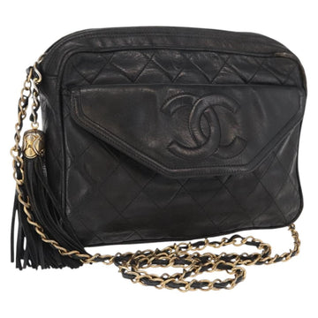CHANEL Matelasse Shoulder Bag Lamb Skin Black Gold CC Auth bs32682