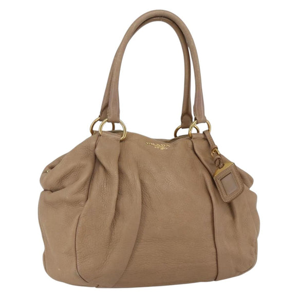 PRADA Hand Bag Leather Beige Gold Auth bs32687
