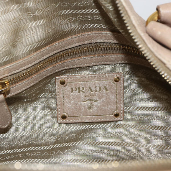 PRADA Hand Bag Leather Beige Gold Auth bs32687
