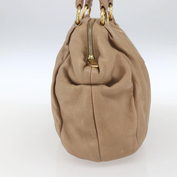 PRADA Hand Bag Leather Beige Gold Auth bs32687
