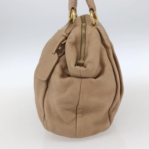 PRADA Hand Bag Leather Beige Gold Auth bs32687