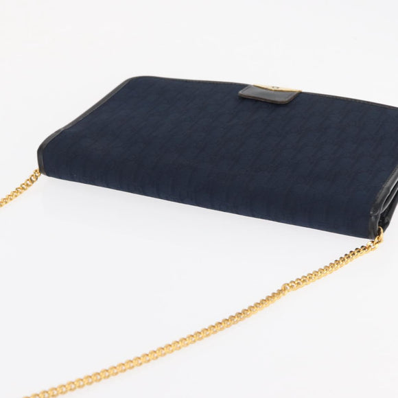 Christian Dior Chain Trotter Canvas Shoulder Bag Navy Gold Auth bs32699