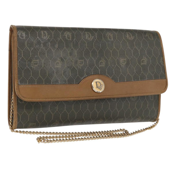 Christian Dior Honeycomb Canvas Chain Bag PVC Black Brown gold Auth bs32702