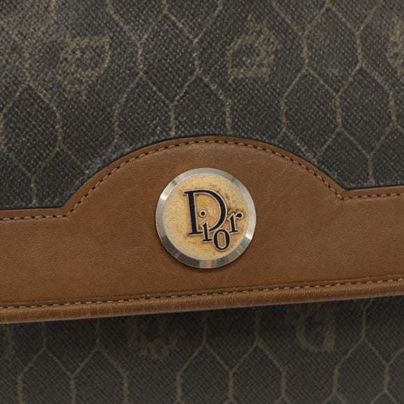 Christian Dior Honeycomb Canvas Chain Bag PVC Black Brown gold Auth bs32702