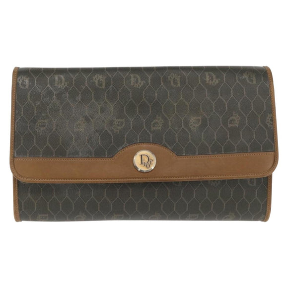 Christian Dior Honeycomb Canvas Chain Bag PVC Black Brown gold Auth bs32702