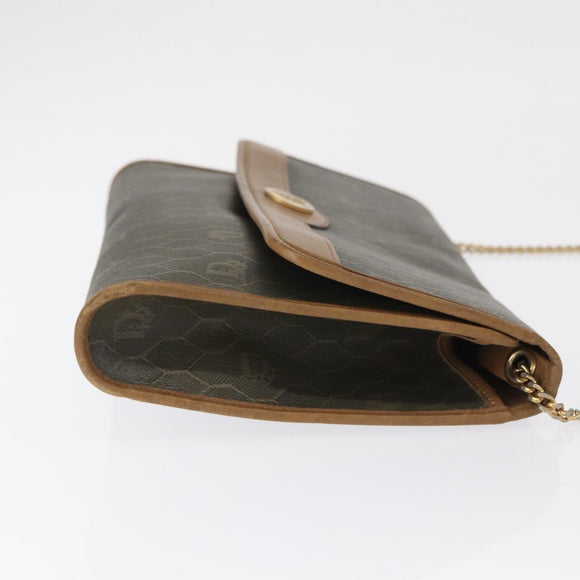Christian Dior Honeycomb Canvas Chain Bag PVC Black Brown gold Auth bs32702