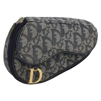 Christian Dior Trotter Canvas Saddle Pouch Navy Gold Auth bs32705