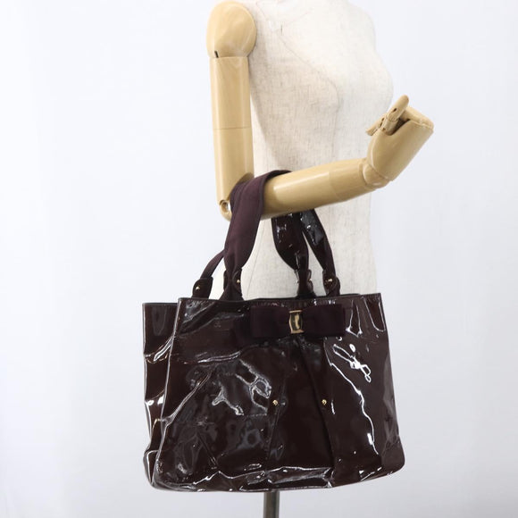 Salvatore Ferragamo Hand Bag Patent leather Brown Gold Auth bs32731