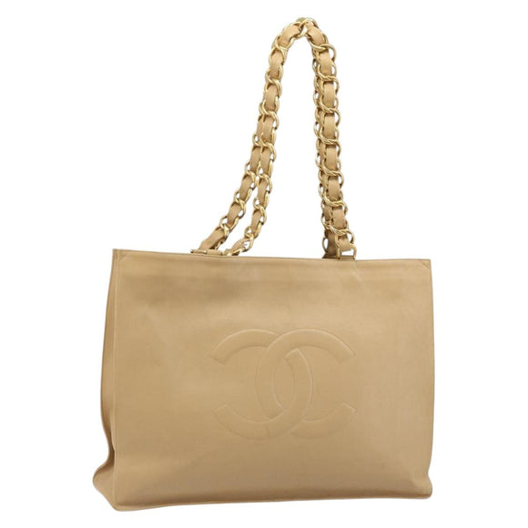 CHANEL Tote Bag Leather Beige Gold CC Auth bs32770