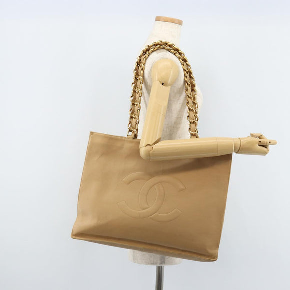 CHANEL Tote Bag Leather Beige Gold CC Auth bs32770