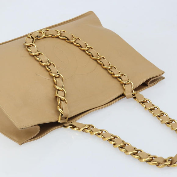 CHANEL Tote Bag Leather Beige Gold CC Auth bs32770