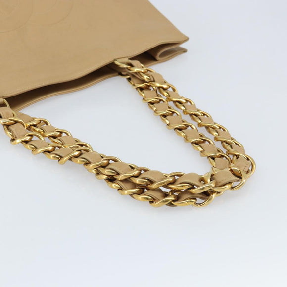 CHANEL Tote Bag Leather Beige Gold CC Auth bs32770