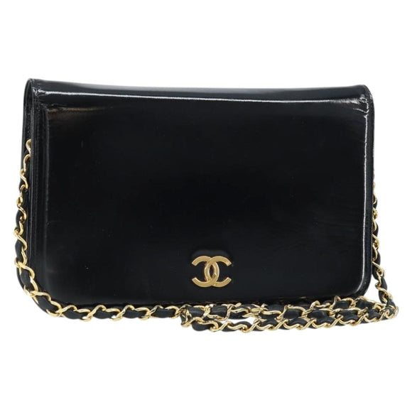 CHANEL Chain Shoulder Bag Patent leather Black Gold CC Auth bs32777