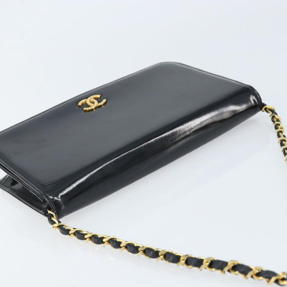 CHANEL Chain Shoulder Bag Patent leather Black Gold CC Auth bs32777