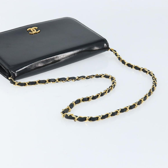 CHANEL Chain Shoulder Bag Patent leather Black Gold CC Auth bs32777