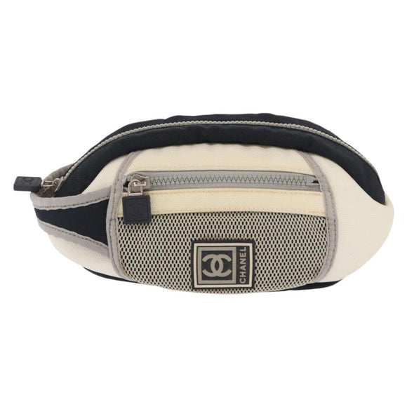 CHANEL Accessory Pouch Nylon White Silver Auth bs32779