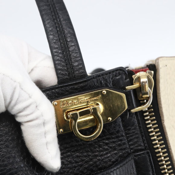 Salvatore Ferragamo Tote Bag Leather White Black Auth bs32829