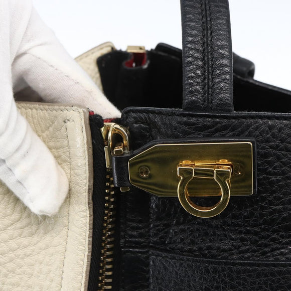 Salvatore Ferragamo Tote Bag Leather White Black Auth bs32829