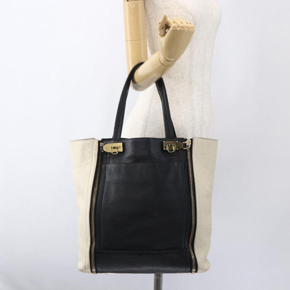 Salvatore Ferragamo Tote Bag Leather White Black Auth bs32829